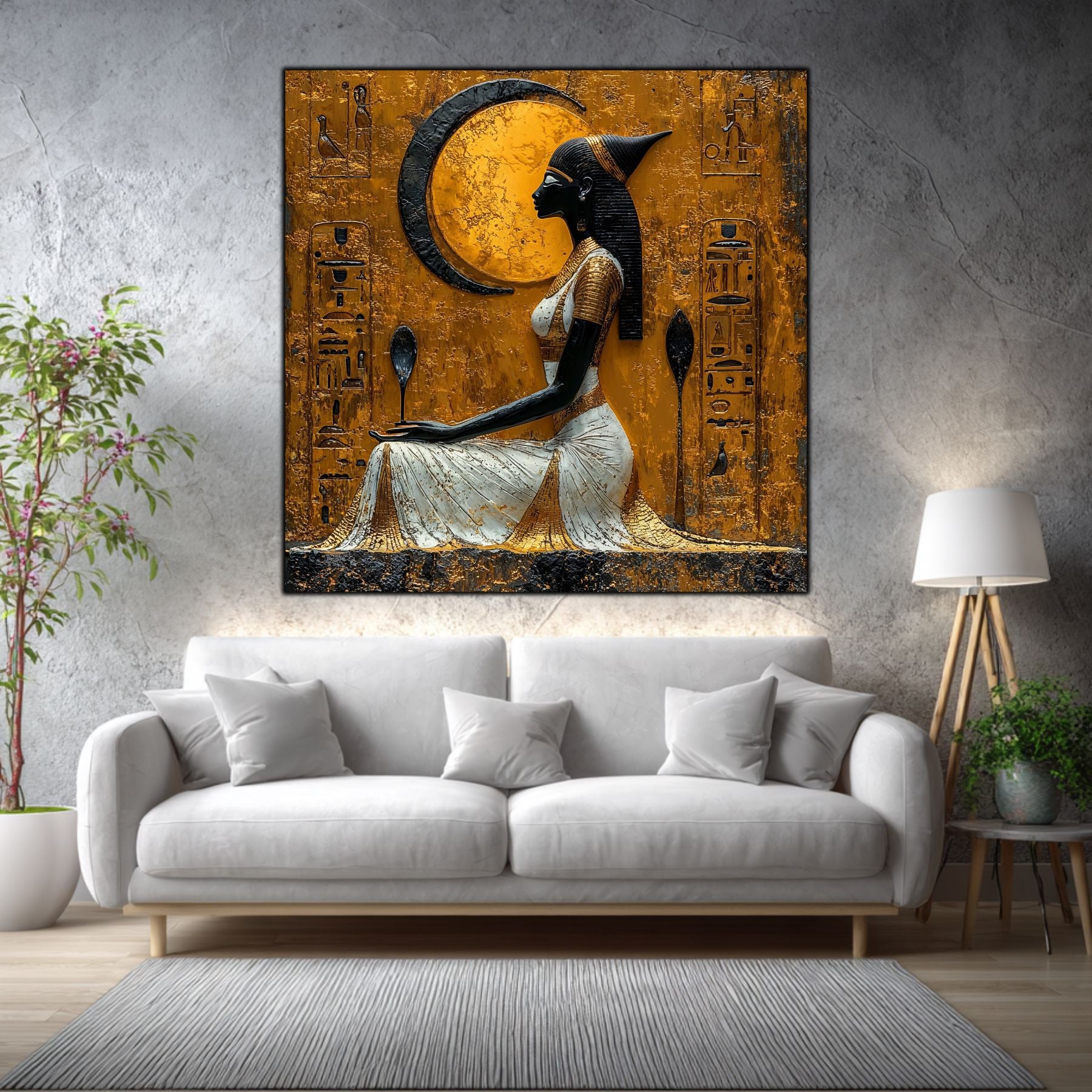 Tablou dormitor Moon Offering într-un living elegant, cu accente aurii și materiale naturale.