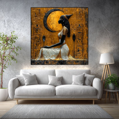 Tablou dormitor Moon Offering într-un living elegant, cu accente aurii și materiale naturale.
