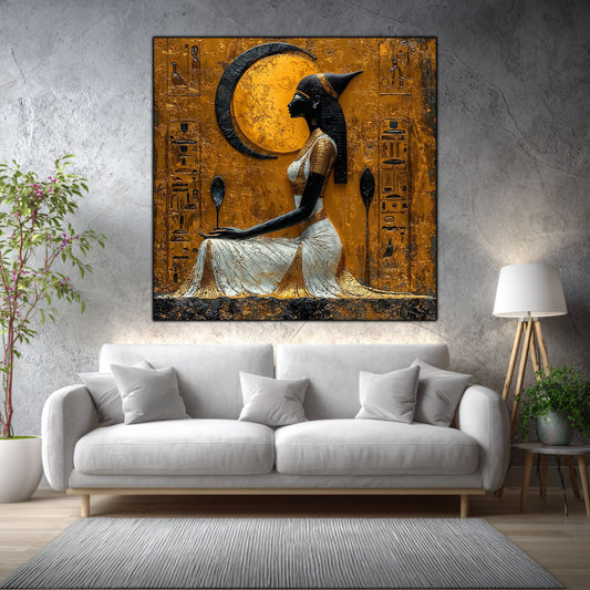 Tablou dormitor Moon Offering într-un living elegant, cu accente aurii și materiale naturale.