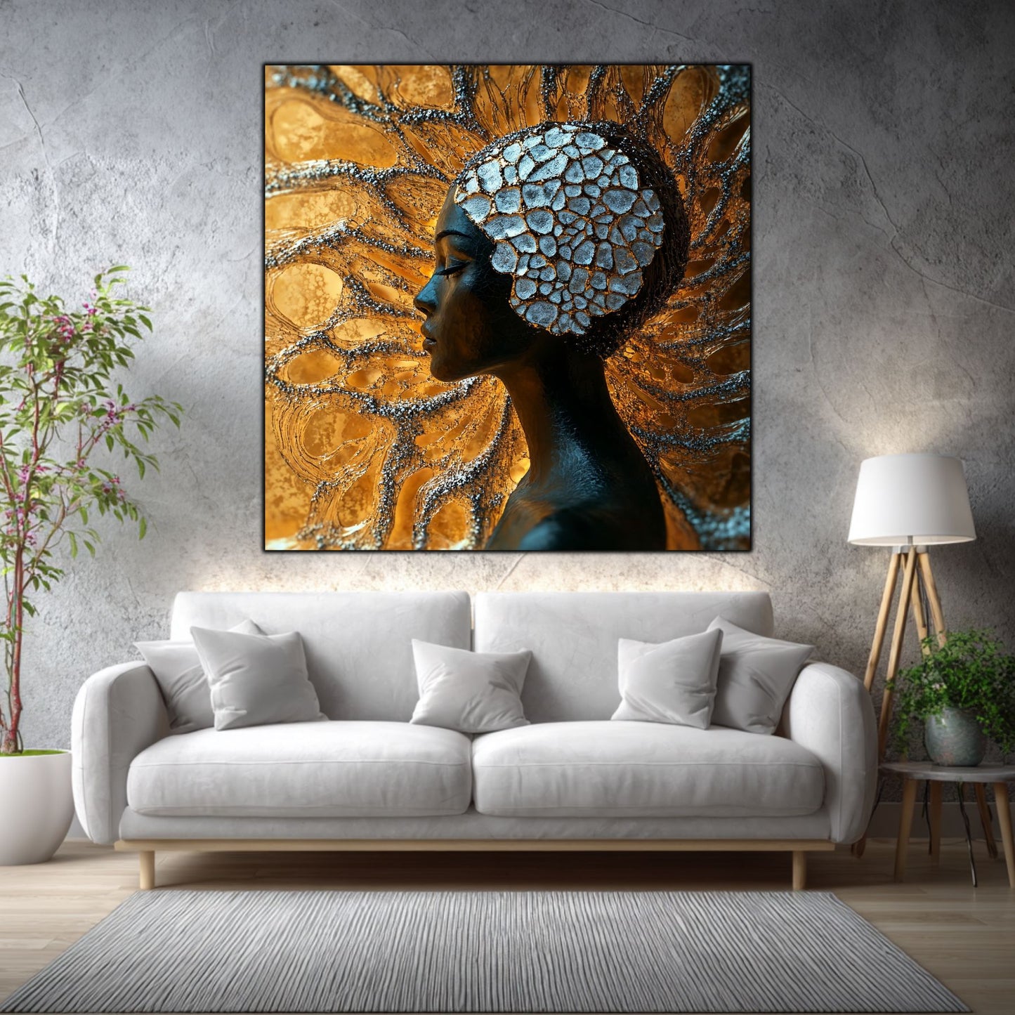 Tablou sticlă Golden Mosaic într-un living elegant, cu accente aurii și materiale naturale.