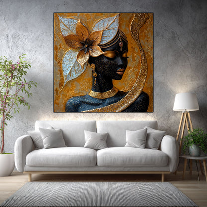 Tablou dormitor Divided Light într-un living elegant, cu accente aurii și materiale naturale.