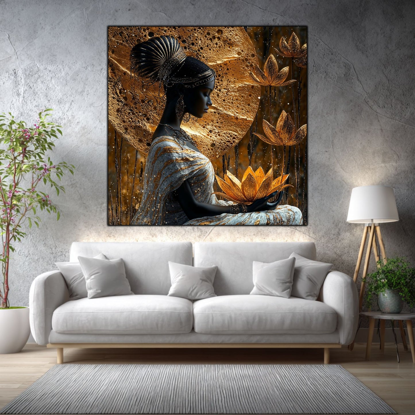 Tablou living Lotus Keeper într-un living elegant, cu accente aurii și materiale naturale.
