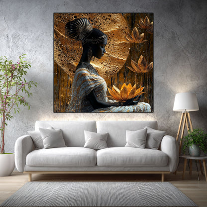Tablou living Lotus Keeper într-un living elegant, cu accente aurii și materiale naturale.