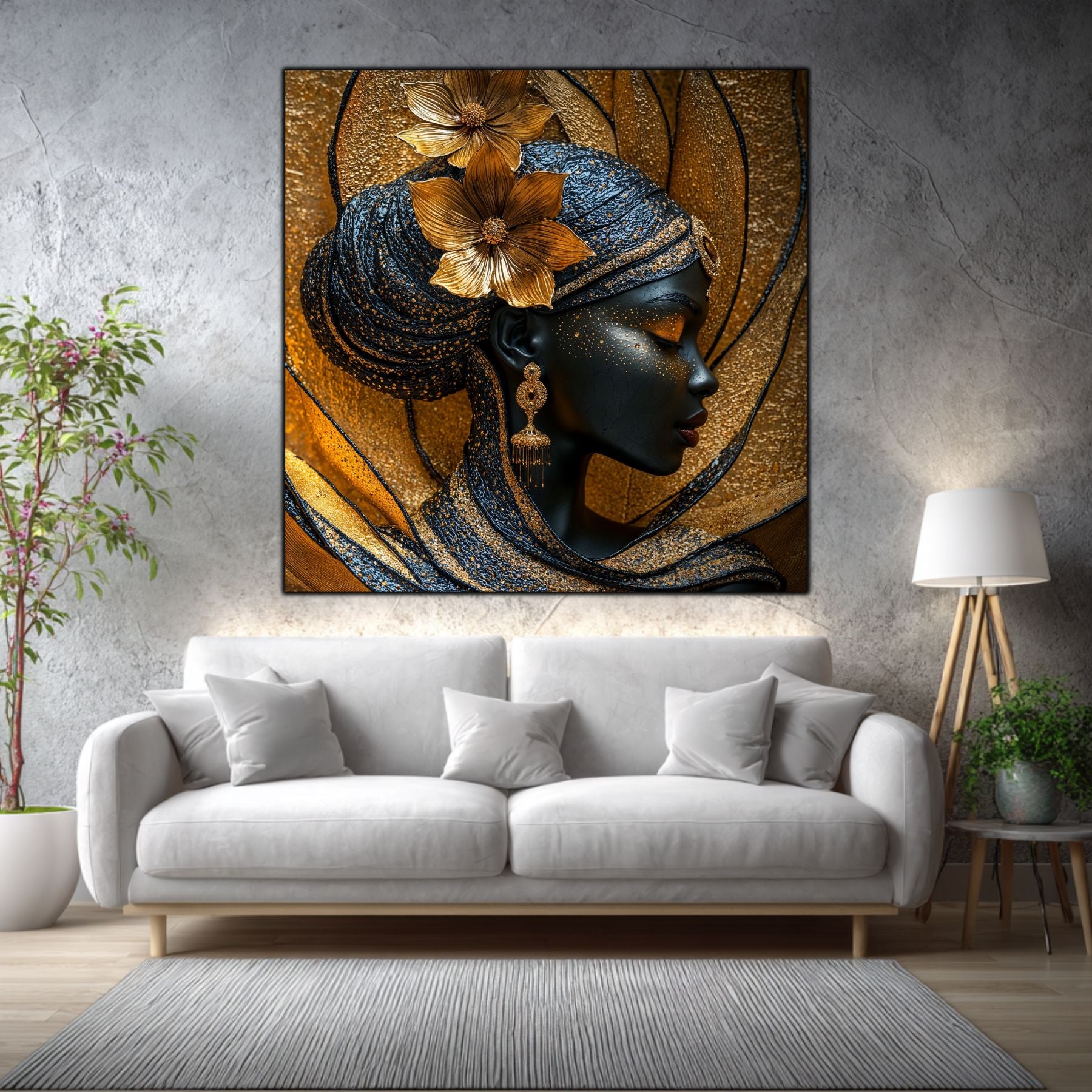 Tablou living Amber Current într-un living elegant, cu accente aurii și materiale naturale.