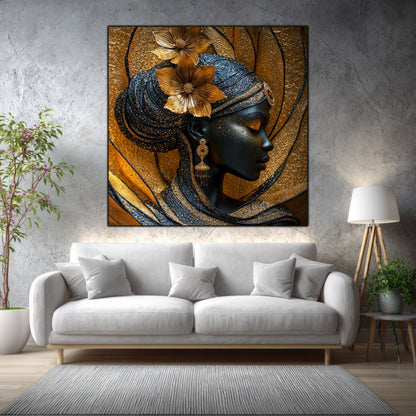Tablou living Amber Current într-un living elegant, cu accente aurii și materiale naturale.