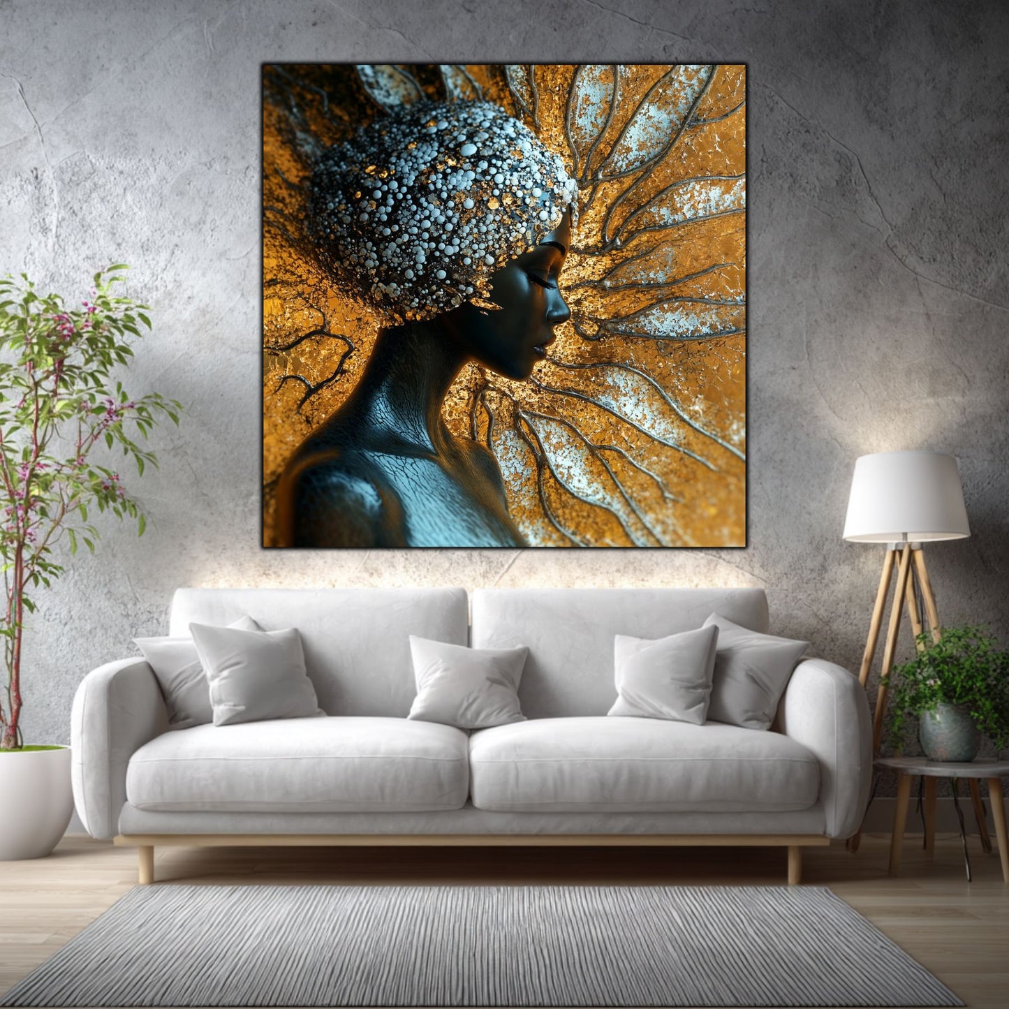 Tablou living Aurea Roots într-un living elegant, cu accente aurii și materiale naturale.