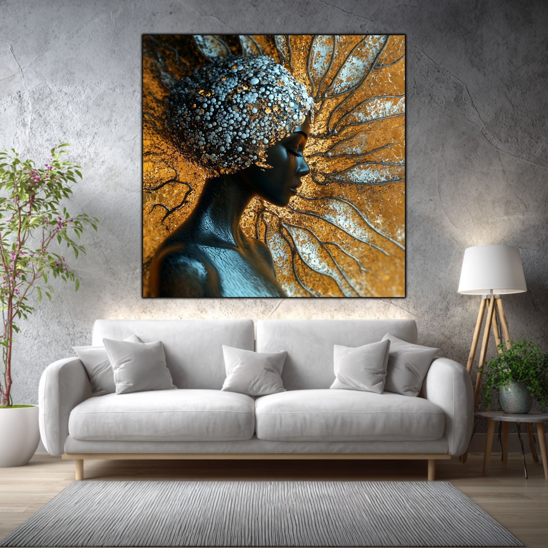 Tablou living Aurea Roots într-un living elegant, cu accente aurii și materiale naturale.