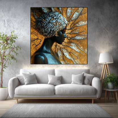 Tablou living Aurea Roots într-un living elegant, cu accente aurii și materiale naturale.