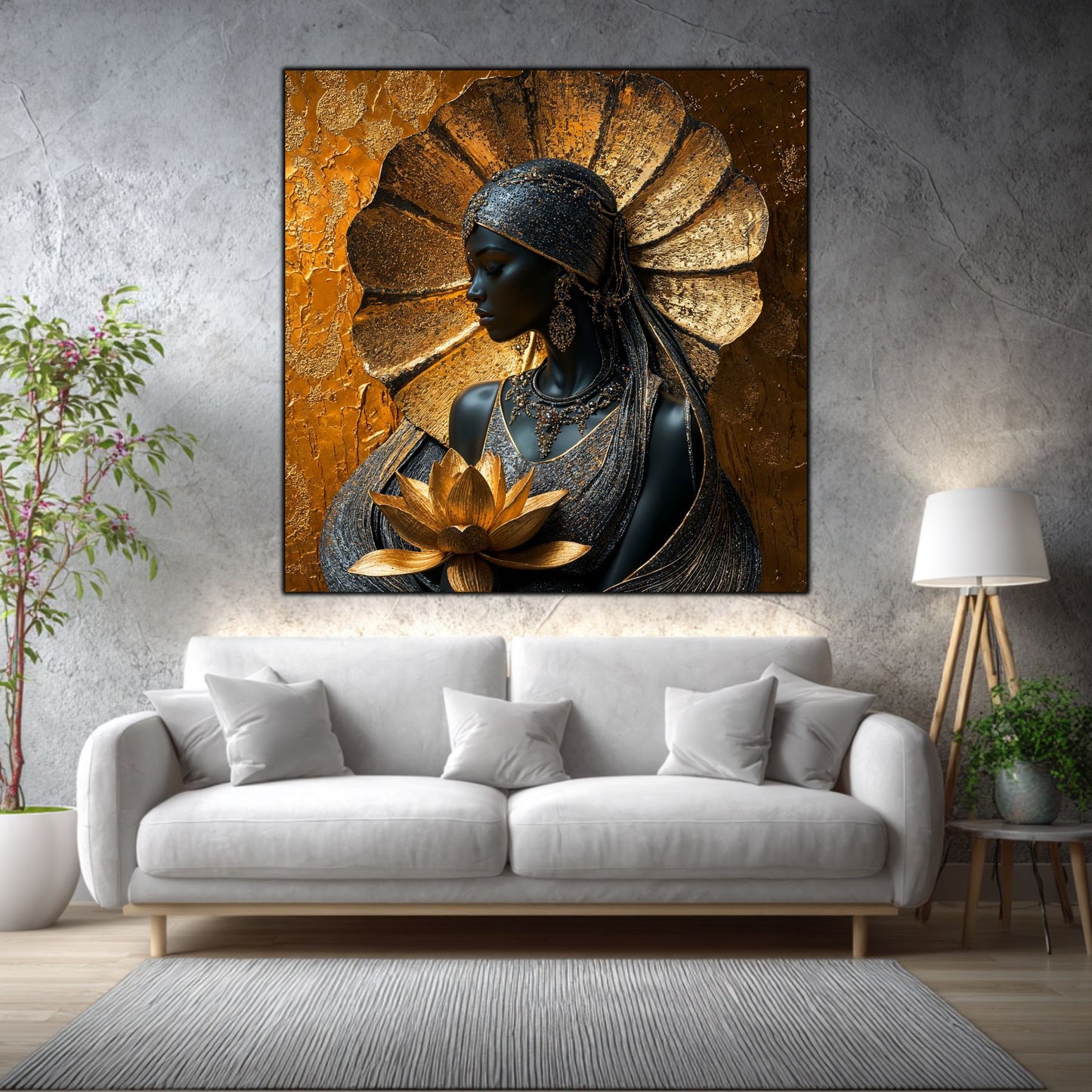 Tablou sticlă Lotus Guardian într-un living elegant, cu accente aurii și materiale naturale.