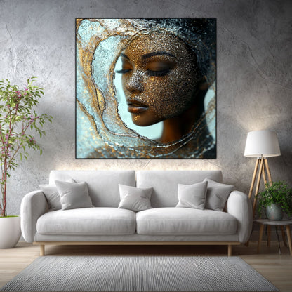 Tablou dormitor Inner Bloom într-un living elegant, cu accente aurii și materiale naturale.