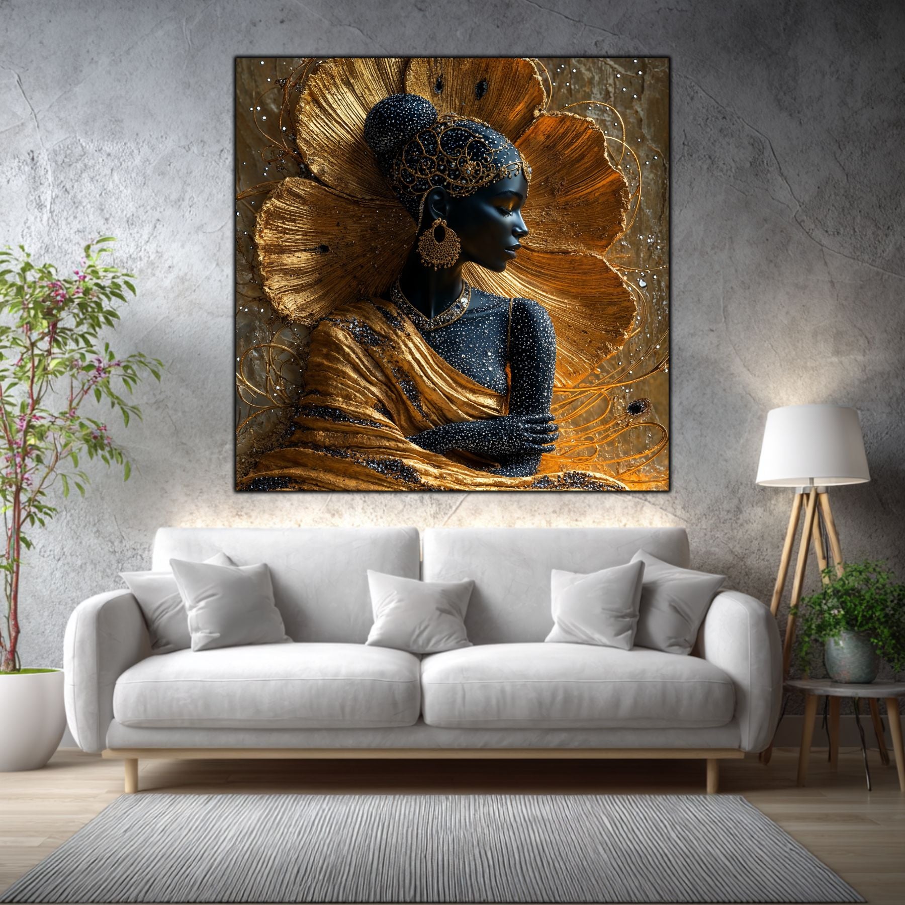 Tablou living Golden Contour într-un living elegant, cu accente aurii și materiale naturale.