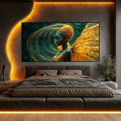Tablou abstract modern Arhitectura Regăsirii colecția Rising Ephemerides, dormitor elegant cu iluminare aurie
