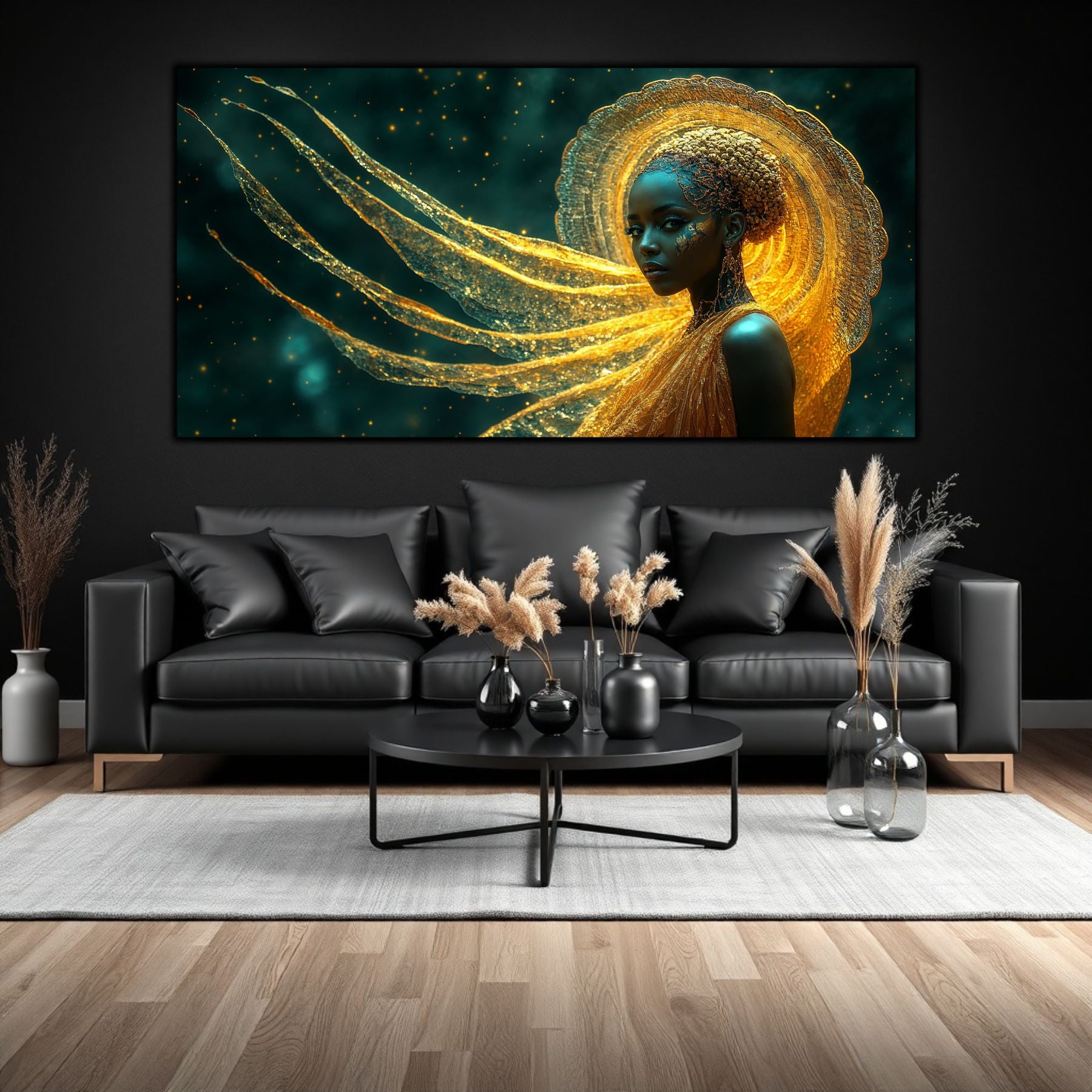 Tablou pe sticla securizata cu arta moderna, care va revarsa culoarea aurului topit in sufrageria ta.