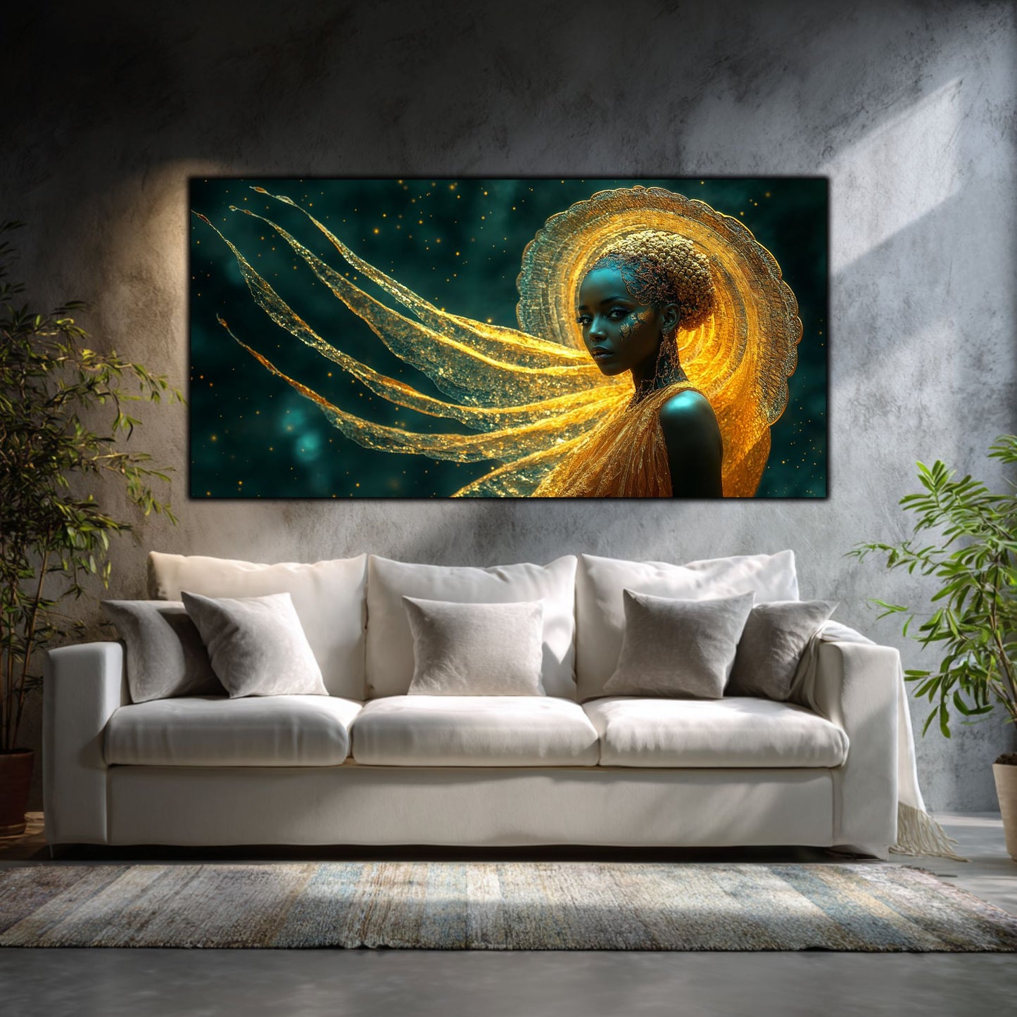 Tablou abstract modern Aura de Aur, artă pe sticlă securizată cu efect de strălucire și detalii aurii, decor luxos pentru perete living modern.