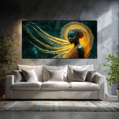 Tablou abstract modern Aura de Aur, artă pe sticlă securizată cu efect de strălucire și detalii aurii, decor luxos pentru perete living modern.