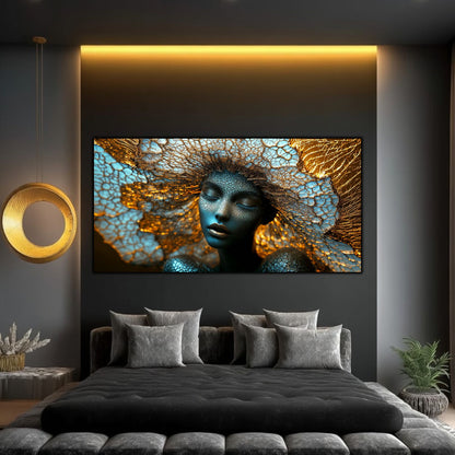 Tablou priintat unicat pe sticla securizata cu portret feminin abstract, meditand misterios, transformand atmosfera casei tale in una zen si plina de mister.