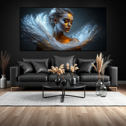 Tablou cu portret abstarct meditativ, printat pe sticla securizata in editie unicat, care da un are de lux desavarsit livingului in care e pus.