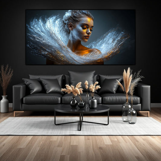 Tablou cu portret abstarct meditativ, printat pe sticla securizata in editie unicat, care da un are de lux desavarsit livingului in care e pus.