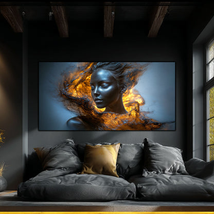 Tablou pe Sticlă Securizată „Scânteia Primordială – Giulgiul de Magmă” – Artă Alchimică din Colecția Celestial Embrace