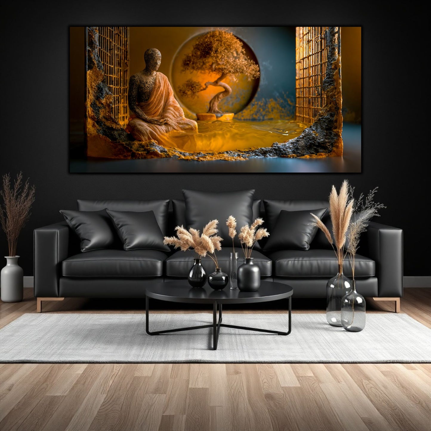 Tablou abstract mare, printat pe sticla securizata, pentru living, pe un perete gri
