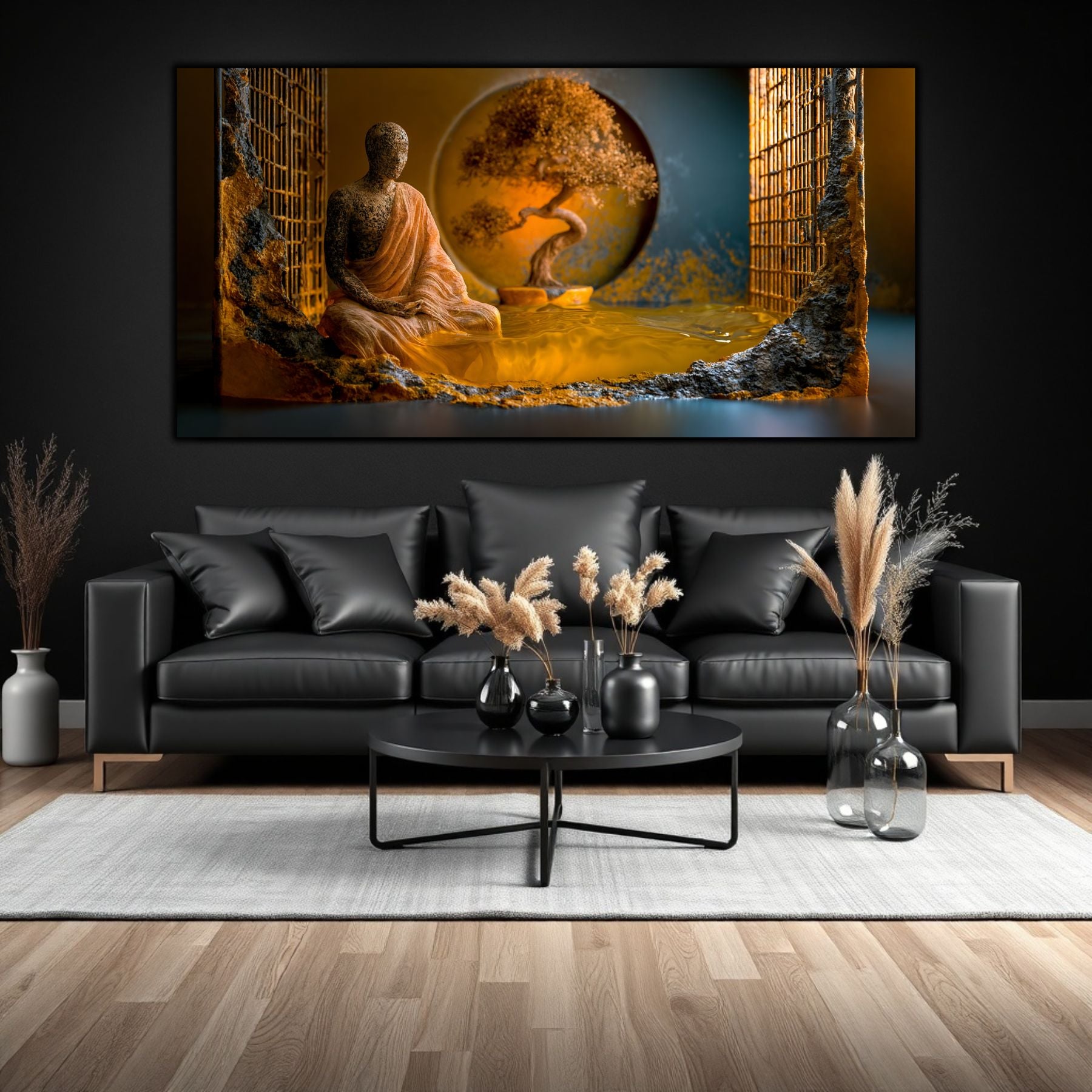 Tablou abstract mare, printat pe sticla securizata, pentru living, pe un perete gri