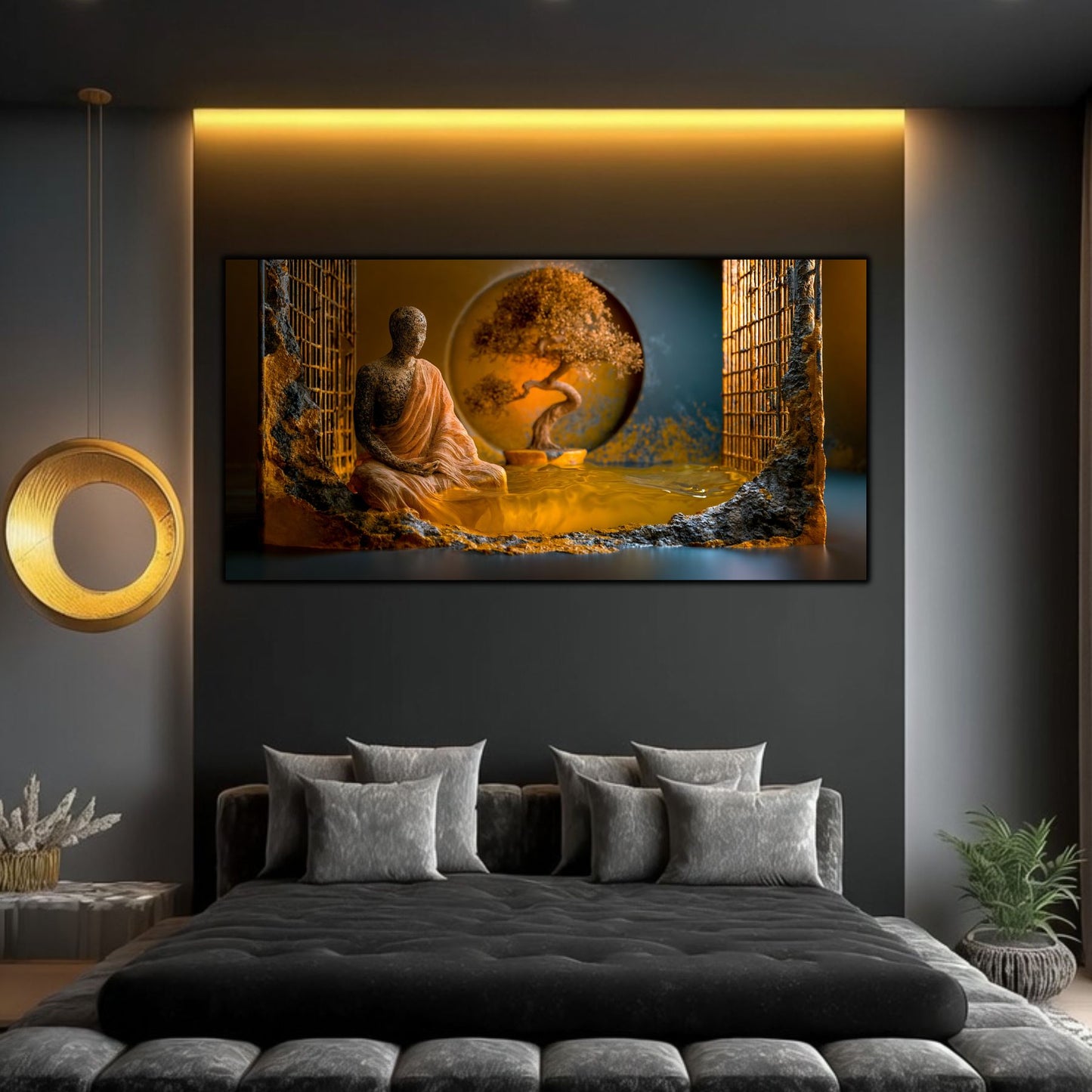 Tablou art zen cu portret abstract deasupra unui pat din dormitor cu perete iluminat de un pendul