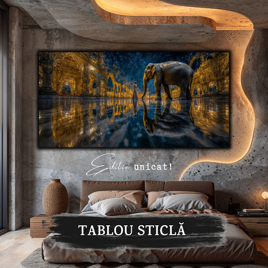 Decor modern pentru sufragerie, tablou mare cu elefant si personaj feminin, intr-un dormitor iluminat led.