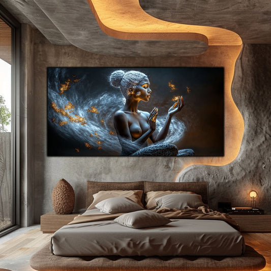 Tablou Beyond Art Zen în living luminos cu canapea crem și accente naturale