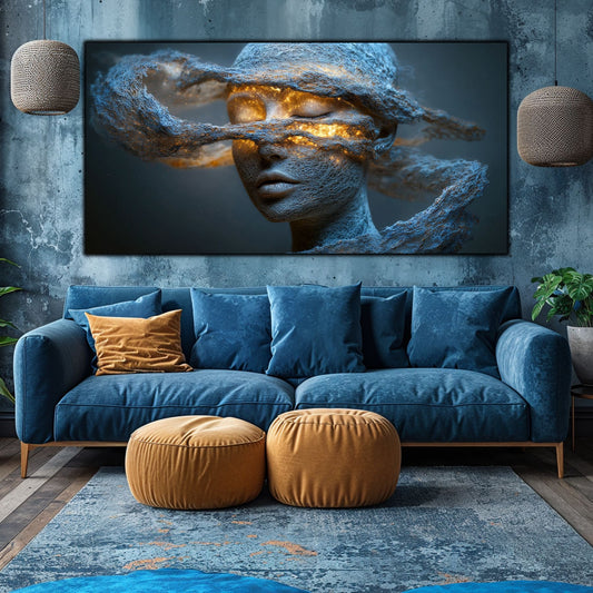 Tablou living Dincolo de Iluzie pe perete de beton deasupra canapelei albastre cu perne galbene