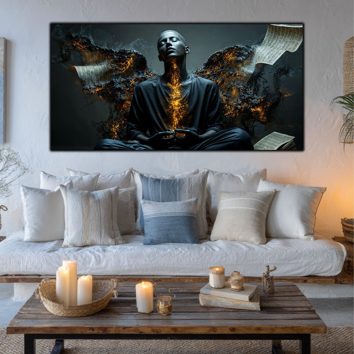 Tablou decorativ cu meditație masculină aurie deasupra canapelei albe într-un living luminos