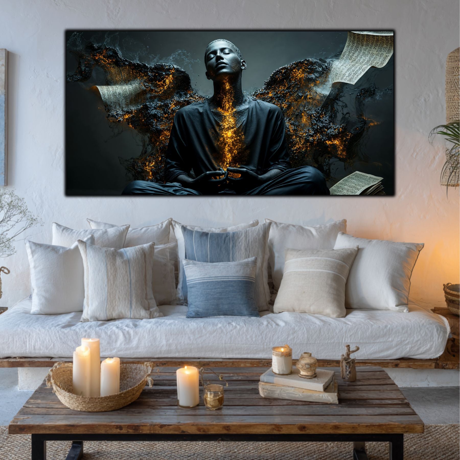 Tablou decorativ cu meditație masculină aurie deasupra canapelei albe într-un living luminos