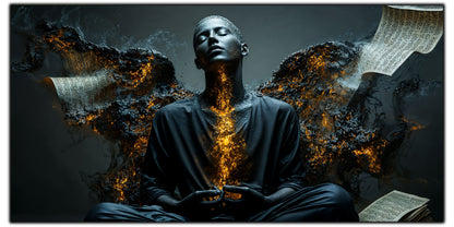 Figură masculină în meditație cu explozii de aur lichid și fum negru – tablou pe sticlă securizată Beyond | Art Zen