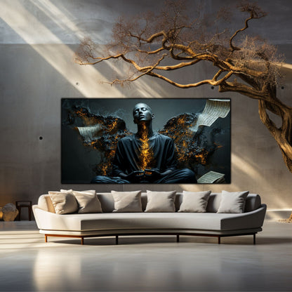 Tablou living Beyond colecția Art Zen pe perete de beton într-un interior industrial cu canapea crem