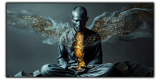 Tablou pentru living The Inner Fire pe sticlă securizată, figură masculină cu piept incandescent și scriere aurie, colecția Sacred Stillness Art-Zen