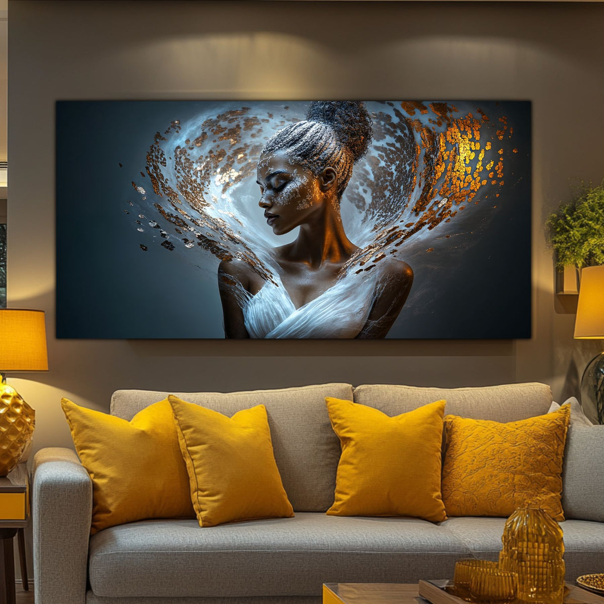 Tablou Beyond Art Zen deasupra canapelei gri cu perne galbene într-un living modern