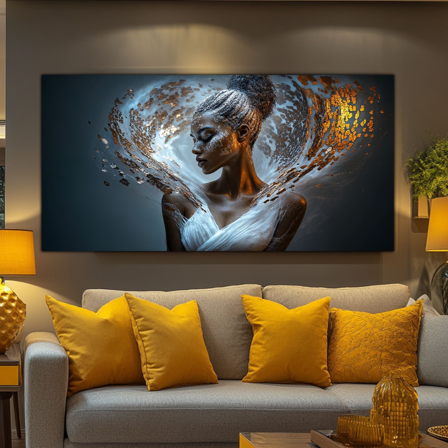 Tablou Beyond Art Zen deasupra canapelei gri cu perne galbene într-un living modern