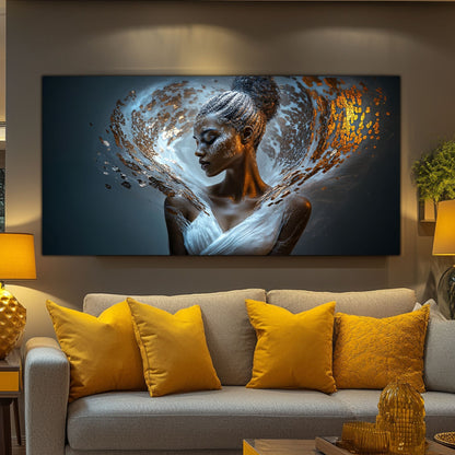 Tablou Beyond Art Zen deasupra canapelei gri cu perne galbene într-un living modern