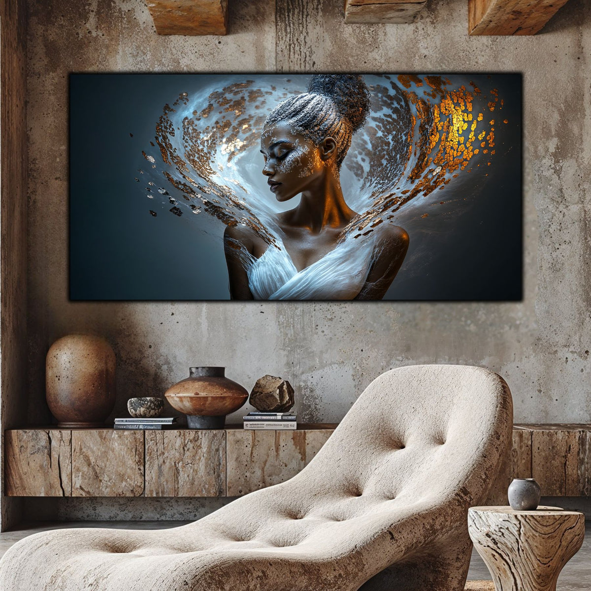 Tablou decorativ Beyond cu portret feminin cosmic pe perete de piatră naturală cu fotoliu crem