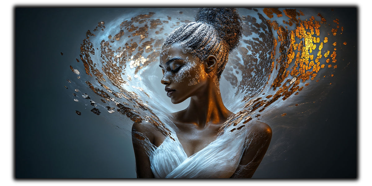 Portret feminin auriu dizolvat în vârtej de lumină albă și particule cosmice albastre – tablou pe sticlă securizată Beyond | Art Zen