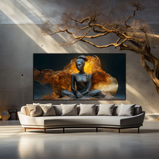 Tablou living Dincolo de Suflet în living luminos cu canapea crem și copac decorativ