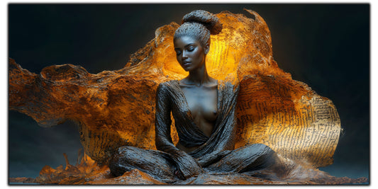 Figură feminină neagră în lotus pe fond de aur topit și rocă – tablou pe sticlă securizată Beyond | Art Zen