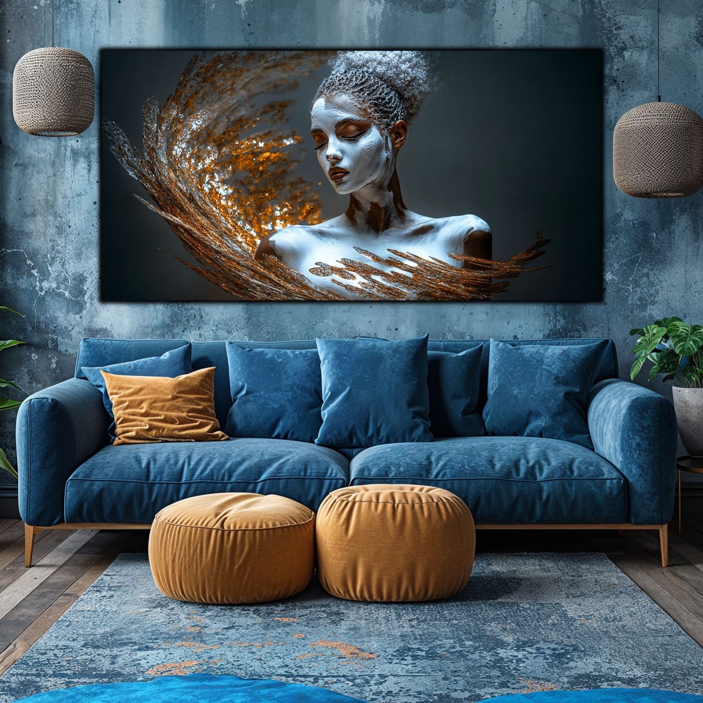 Tablou living Dincolo de Vis pe perete gri deasupra canapelei albastre cu perne galbene