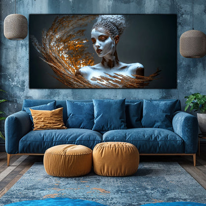 Tablou living Dincolo de Vis pe perete gri deasupra canapelei albastre cu perne galbene