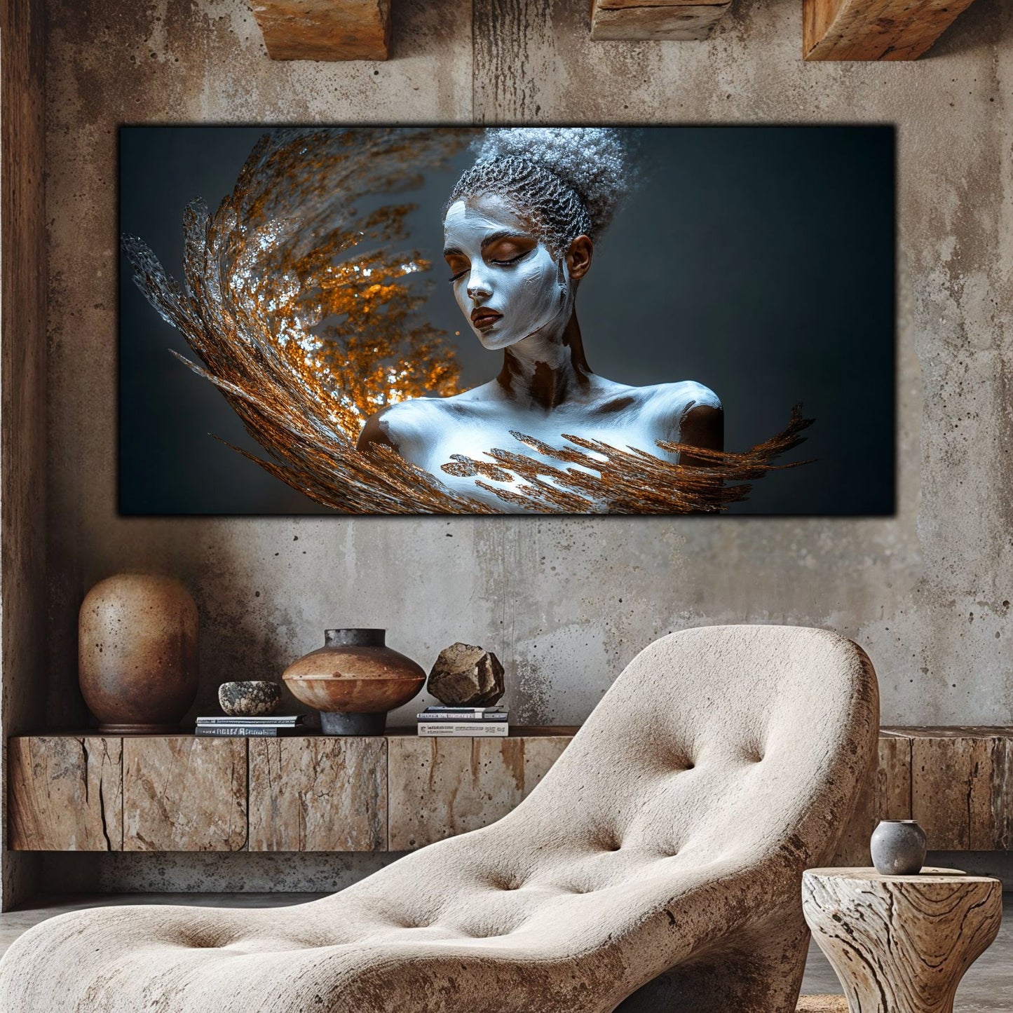 Tablou decorativ cu portret feminin auriu și argintiu în living cu fotoliu bej și perete din piatră
