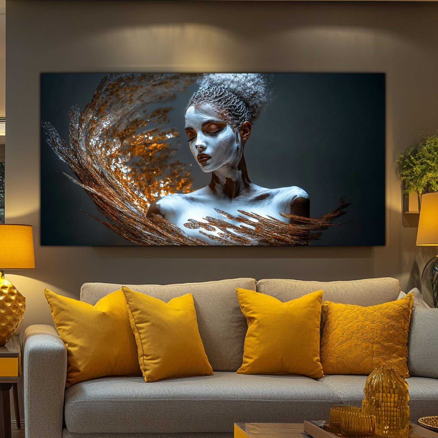 Tablou Beyond Art Zen în living cu canapea galbenă și perete antracit