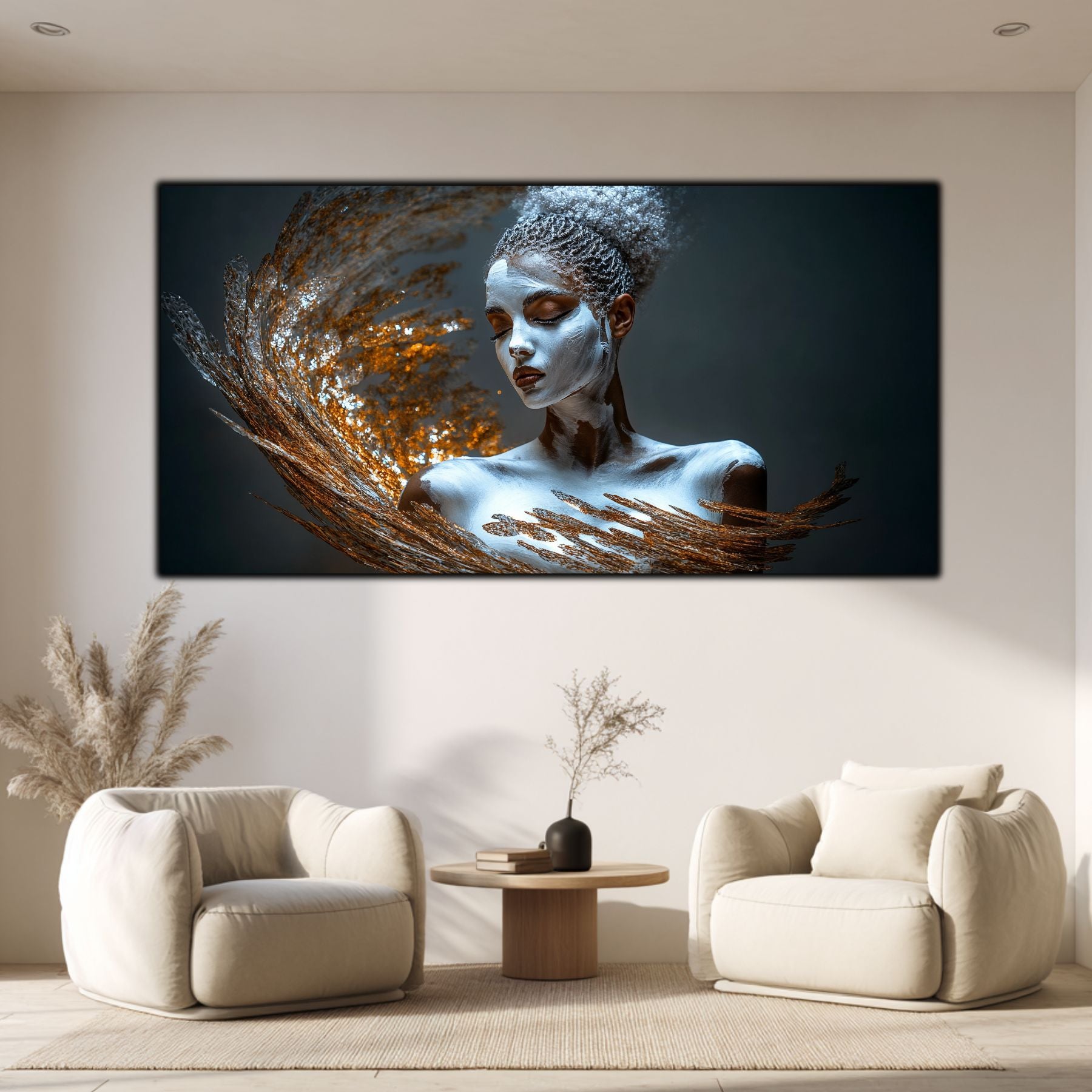 Tablou pe sticlă securizată cu figură feminină eterică într-un living minimalist alb