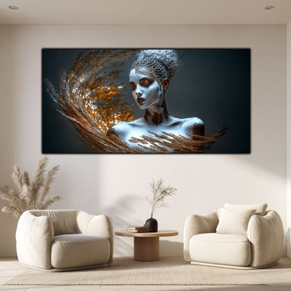 Tablou pe sticlă securizată cu figură feminină eterică într-un living minimalist alb