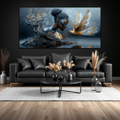 Tabloul din sticla numit Sufletul Toamnei Eterne prezinta chipul unei femei meditative, aflată într-un dialog silențios cu o pasăre. Tabloul perfect pentru living transmite introspectie si stare zen.