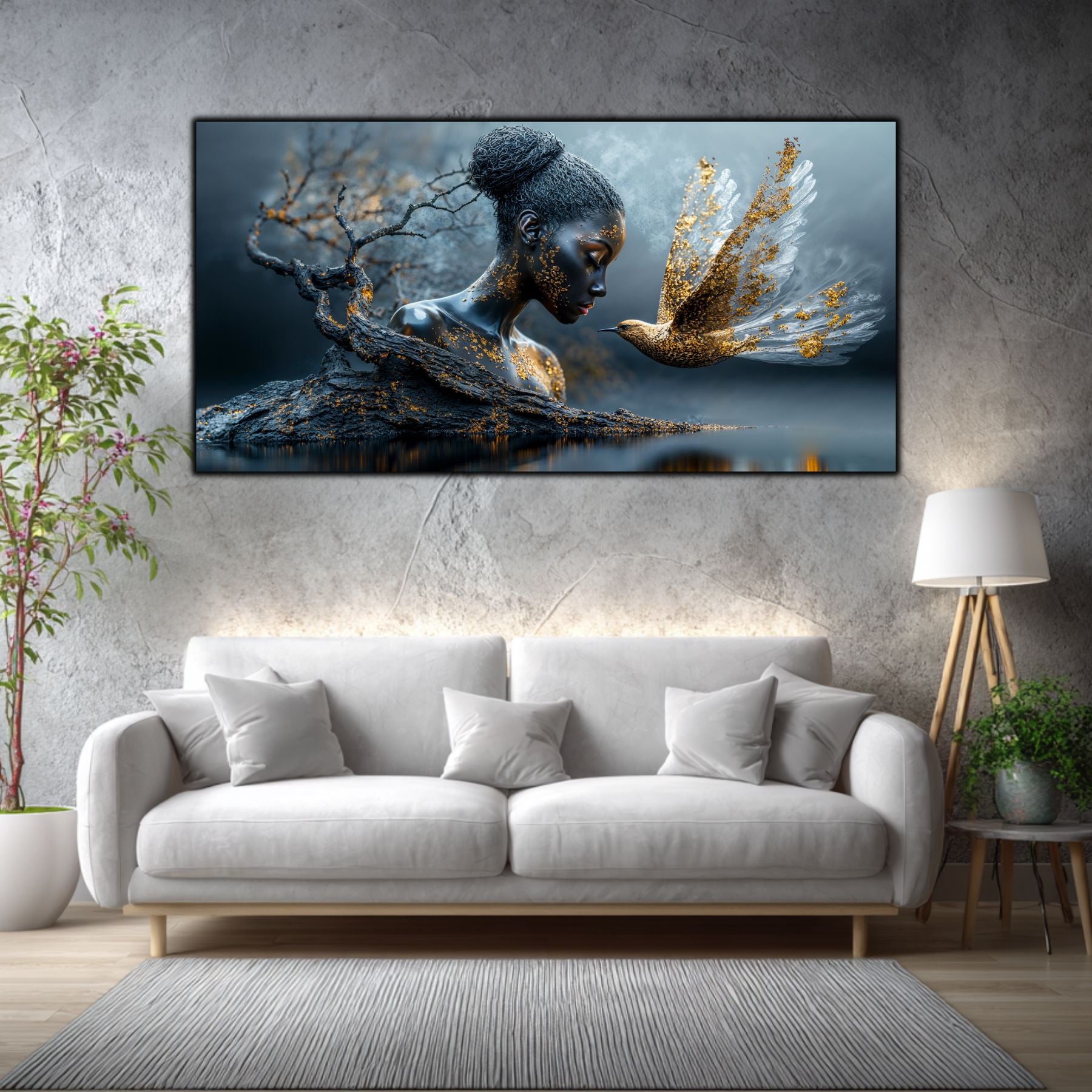 Tablou sufragerie în culori de toamnă Sufletul Toamnei Eterne, artă suprarealistă pe sticlă securizată, decor perete sufragerie modernă cu nuanțe calde.