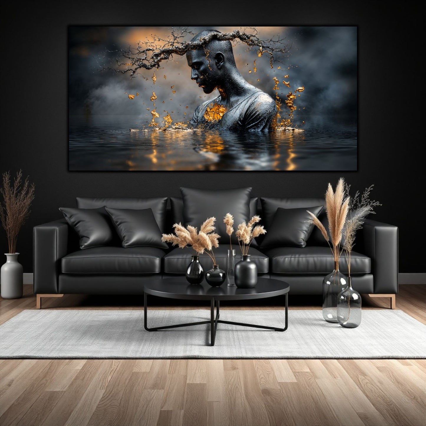 Tablou sufragerie artă contemporană Alchimia Tăcerii, print pe sticlă securizată cu design abstract, decor de lux pentru pereți moderni.